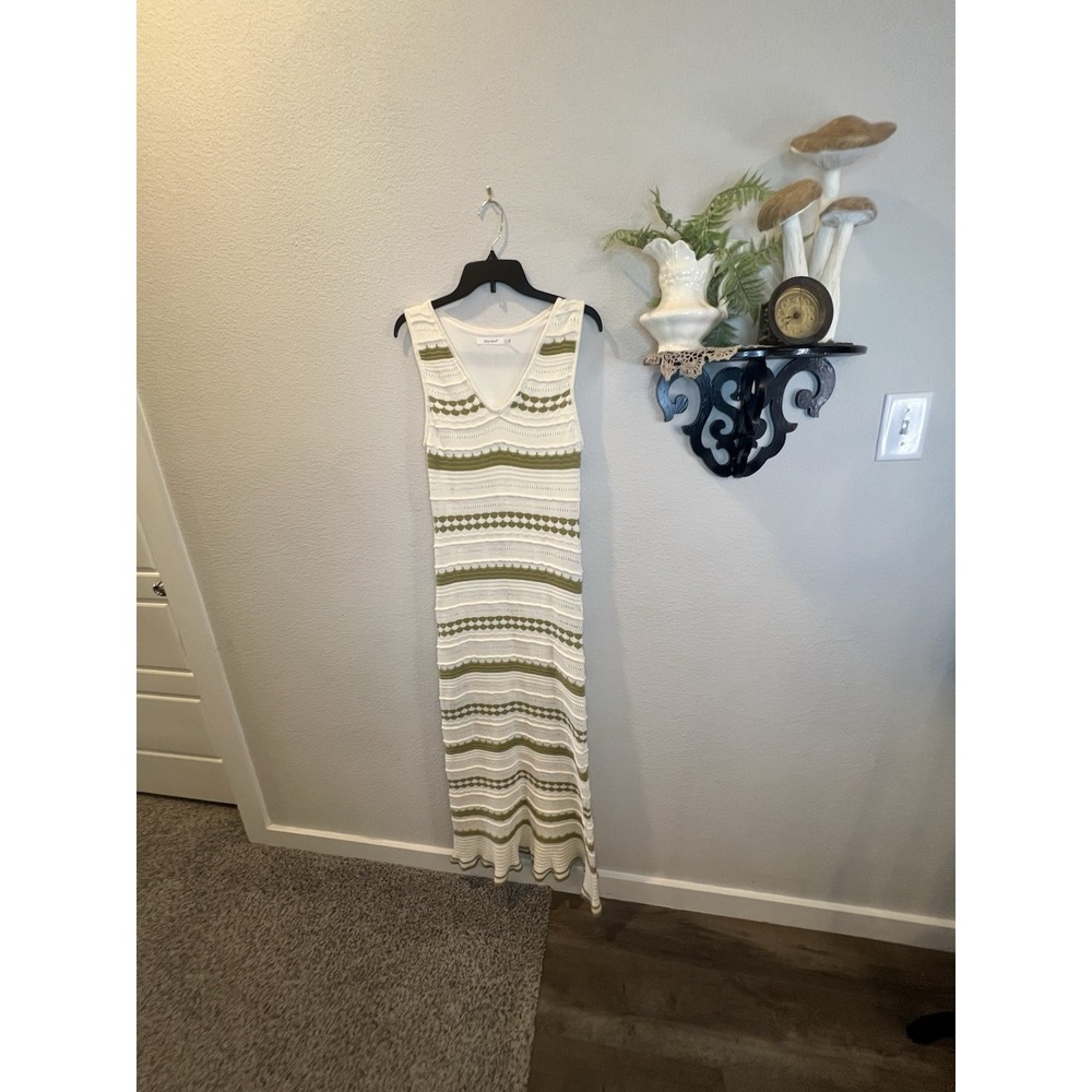 idem ditto Cream Olive Green Crochet Maxi Dress Sz L Boho Western Cottage As Is - Picture 2 of 14